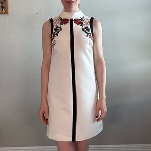 Ted Baker white mini dress embroidered floral print high collar Sz 0